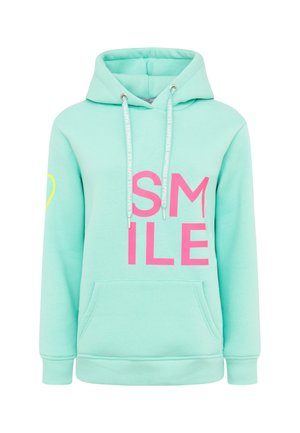 Miętowy hoodie z oversize'owym napisem "UŚMIECH" w różowym kolorze. Posiada kieszeń z przodu, kaptur ze sznurkiem oraz żółty detal w kształcie serca na rękawie.