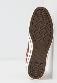 Semelle en caoutchouc d'une chaussure Converse All Star à carreaux rouges, montrant le motif de la semelle et le logo de la marque sur une surface blanche.