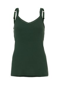 Ciemnozielony top na ramiączkach wykonany z miękkiego materiału, z koronkowym wykończeniem przy dekolcie i regulowanymi ramiączkami. Prosty, dopasowany krój.