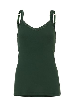Donkergroen tanktop van zachte stof, met kantafwerking langs de halslijn en verstelbare banden. Eenvoudig, aansluitend ontwerp.