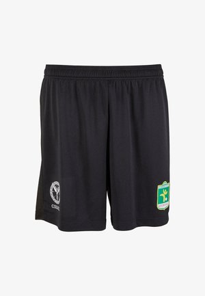 Zwarte sportshorts met elastische tailleband, met het witte Colucci-logo op het linkerbeen en het groene Fussballclub Kitzbühel-wapen op het rechterbeen.