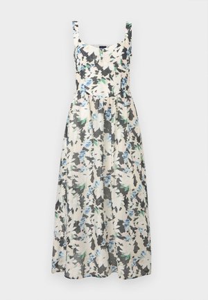 Φόρεμα χωρίς μανίκια με μήκος έως τη μέση της γάμπας, τετράγωνο ντεκολτέ και αφηρημένο φλοράλ σχέδιο σε λευκό, μαύρο, μπλε και πράσινο χρώμα.