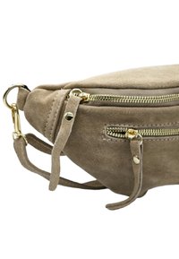 Sac en daim beige avec des zips en ton doré et du matériel doré. Présente une forme arrondie et des sangles latérales pour le transport. Texture lisse.