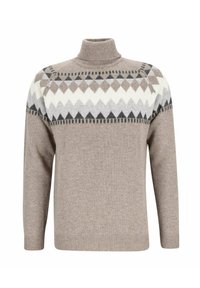 Beige Rollkragenpullover mit geometrischem Rautenmuster in Schwarz, Wei�ß und Grau über der Brust und den Schultern, mit gerippten Bündchen und Saum.