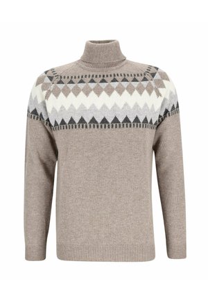Beige Rollkragenpullover mit geometrischem Rautenmuster in Schwarz, Weiß und Grau über der Brust und den Schultern, mit gerippten Bündchen und Saum.