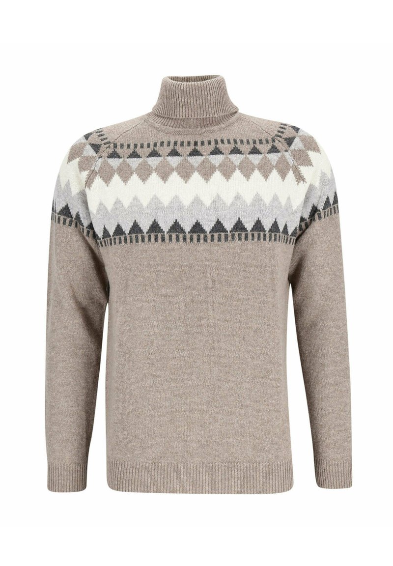 Beige Rollkragenpullover mit geometrischem Rautenmuster in Schwarz, Weiß und Grau über der Brust und den Schultern, mit gerippten Bündchen und Saum.