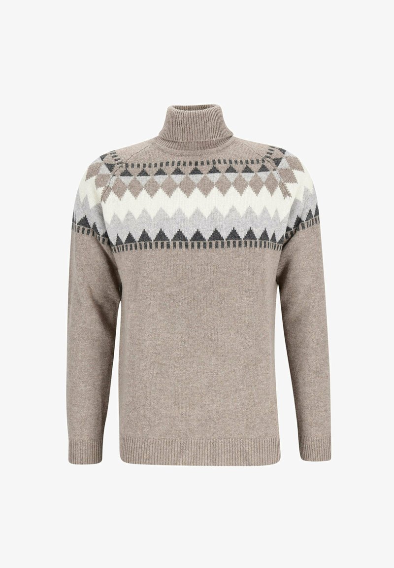 Beige Rollkragenpullover mit geometrischem Rautenmuster in Schwarz, Weiß und Grau über der Brust und den Schultern, mit gerippten Bündchen und Saum.