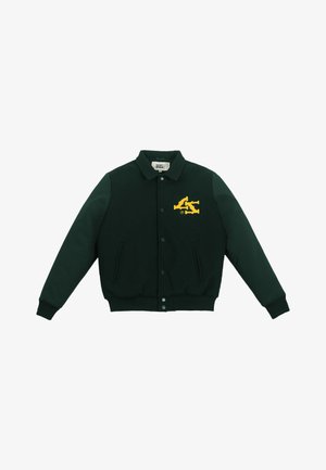 Green varsity jacket with wool body and contrasting fabric sleeves, featuring a yellow embroidered logo and snap-button front.