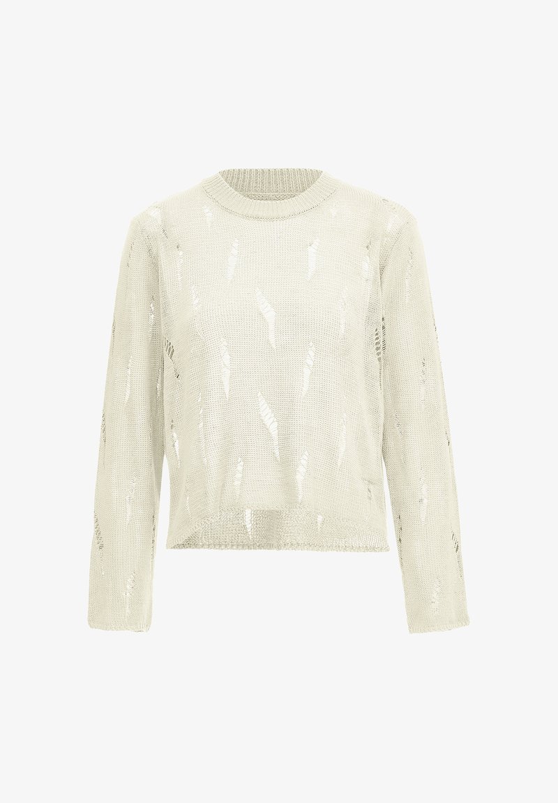 Világoszöld kötött pulóver hosszú ujjakkal, kerek nyakkivágással és nyitott mintákkal. Laid-back fazon, enyhén cropped fazonú aljjal.