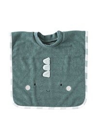 Weicher grüner Kinderponcho mit weiß gestreiftem Saum, lächelndem Gesicht und drei weißen Stoffstacheln in der Mitte vorne.