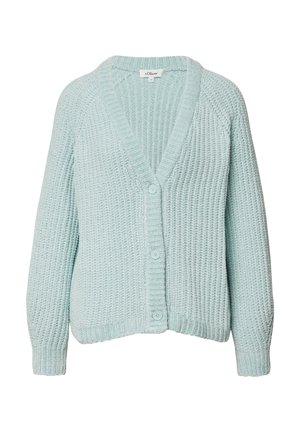 Jasnoniebieski dziergany kardigan z dekoltem w serek, długimi rękawami i trzema guzikami z przodu. Miękka teksturowana tkanina z prążkowanymi krawędziami.