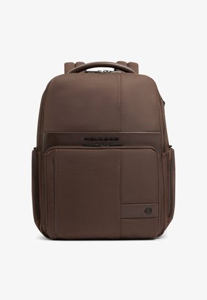 Brown rectangular backpack with front zippered pockets, side compartments, top handle, and padded shoulder straps.