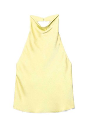 Top sans manches jaune pâle à col haut style dos-nu avec fermeture à boutons dans le dos sur fond blanc.