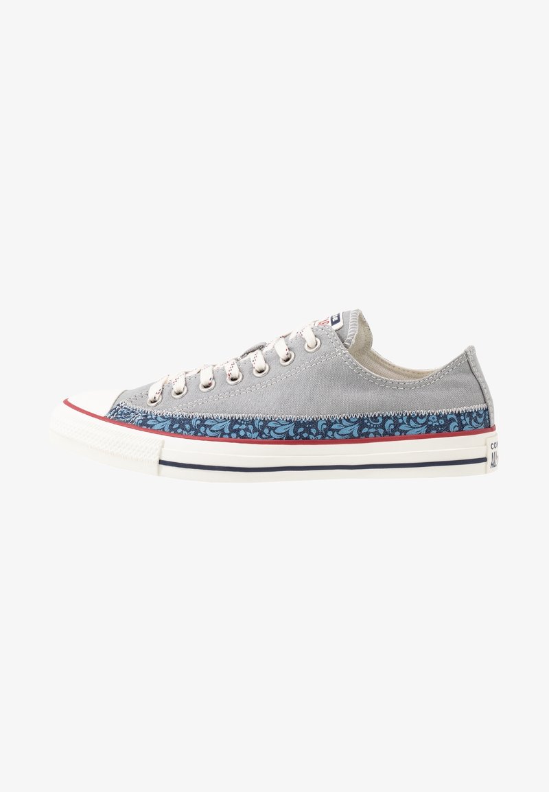 Baskets basses en toile grise avec lacets blancs, bande bleue à motifs au-dessus de la semelle blanche, bordure rouge et bande noire sur la semelle.