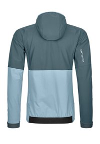 Hooded jacket with a two-tone design; dark teal upper and light blue lower sections, featuring elastic cuffs and a black hem.