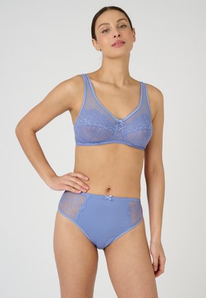 Light blue lingerie set featuring a molded bra with lace accents and a high-waisted brief with lace side panels and a small bow detail.