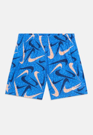 Shorts de sport bleus avec taille élastique, ornés de logos Nike Swoosh pêche et marine ainsi que d'un motif subtil en peau de serpent.