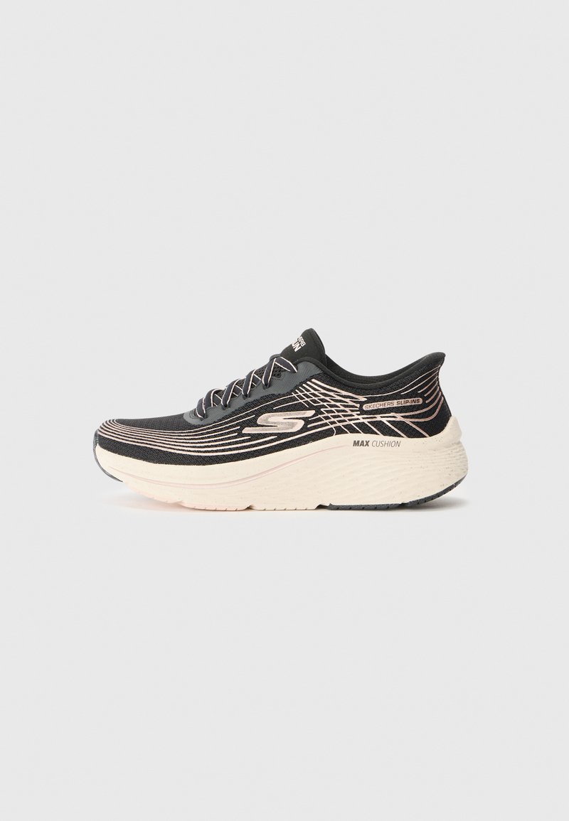 Black running shoe with textured fabric upper, pink accents, sleek design, thick white sole labeled "MAX CUSHION," and patterned detailing.