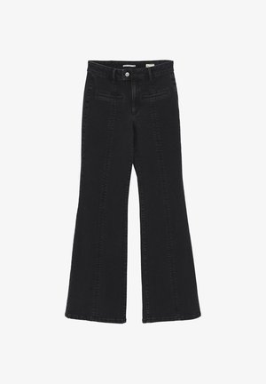 Zwart denim brede broek met hoge taille, voorzien van voorzakken en een knoopsluiting, met een gladde textuur en rechte, uitlopende zoom.