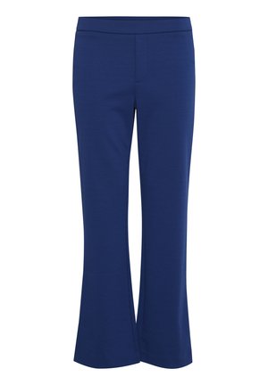 Tamsiai mėlynos flared kelnės, pagamintos iš minkštos medžiagos su lygiu paviršiumi, su prigludusia juosmens juosta ir be matomų kišenių ar papuošimų.