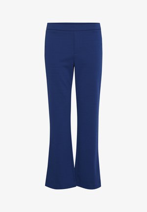 Tamsiai mėlynos flared kelnės, pagamintos iš minkštos medžiagos su lygiu paviršiumi, su prigludusia juosmens juosta ir be matomų kišenių ar papuošimų.