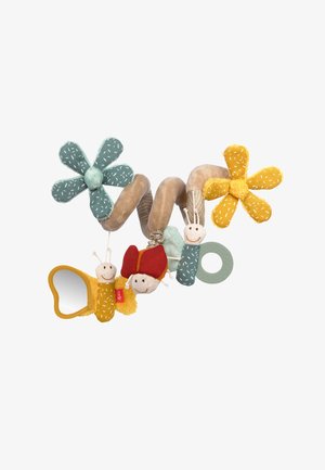 Giocattolo per bambini morbido e colorato con un design a spirale che presenta fiori, una lumaca e uno specchio. I materiali includono tessuto morbido e un accessorio anello testurizzato.