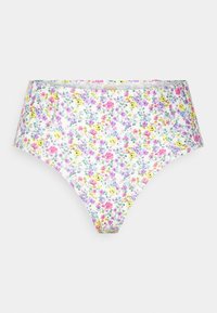 Roupa interior branca com padrão floral, apresentando pequenas flores coloridas em amarelo, rosa e roxo, feita de um tecido macio com uma cinta elástica.