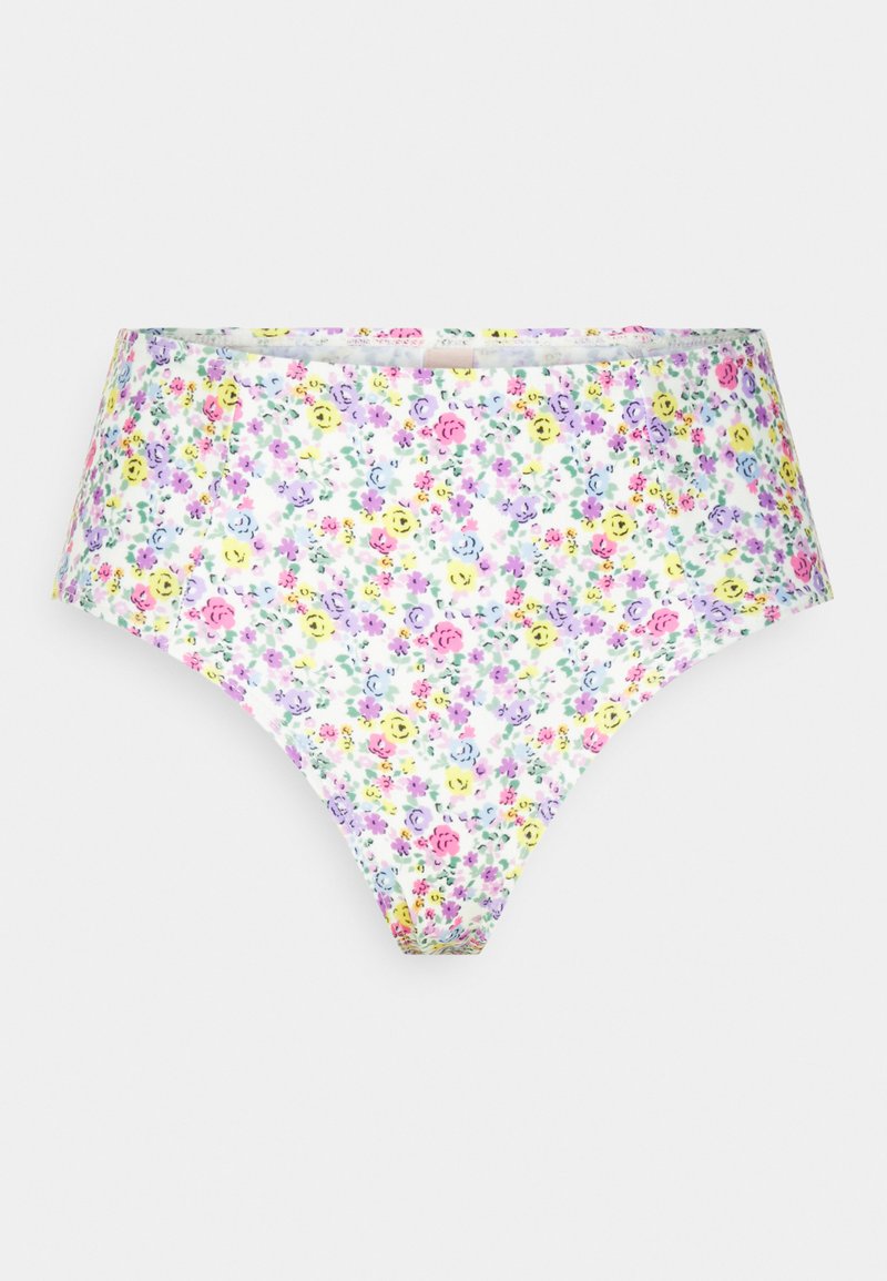 Roupa interior branca com padrão floral, apresentando pequenas flores coloridas em amarelo, rosa e roxo, feita de um tecido macio com uma cinta elástica.