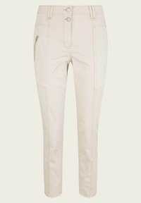 Pantalon crème coupe slim avec fermeture à double bouton et une poche zippée sur la cuisse droite, avec des détails de couture visibles.