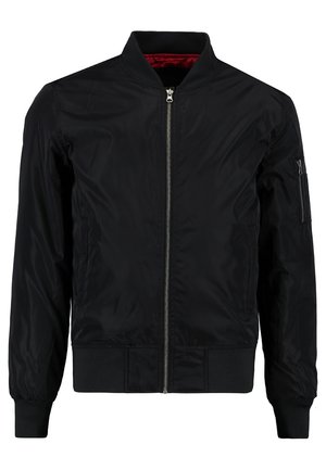 Schwarze Bomberjacke mit durchgehendem Reißverschluss, gerippten Bündchen und Saum sowie einer glatten Außenfläche. Verfügt über ein rotes Futter und eine Reißverschlusstasche am Ärmel.
