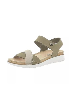 Sandalo open toe con cinturini beige e verde oliva, soletta imbottita, cinturino alla caviglia regolabile e suola bianca scanalata per comfort e aderenza.