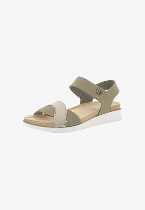 Sandalo open toe con cinturini beige e verde oliva, soletta imbottita, cinturino alla caviglia regolabile e suola bianca scanalata per comfort e aderenza.