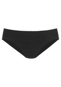 Fekete bordázott szövet bikini a csipkés derékkal és egy gombbal az elején. Egyszerű, varrat nélküli kialakítás.