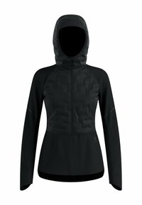 Veste à capuche noire avec une section supérieure matelassée, un panneau inférieur lisse, fermeture éclair complète et manches longues. Présente des accents réfléchissants sur les épaules.