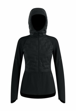 Zwarte hoodie jas met een gewatteerde bovenkant, een gladde onderpan, volledige rits en lange mouwen. Kenmerkt zich door reflecterende accenten op de schouders.