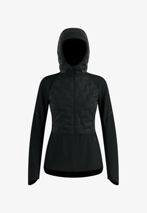 Schwarze Kapuzenjacke mit einem gesteppten oberen Bereich, glattem unteren Teil, durchgehendem Reißverschluss und langen Ärmeln. Verfügt über reflektierende Akzente auf den Schultern.