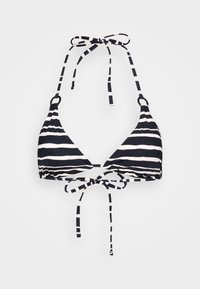 Bikini topp med trekantede kopper med svart og hvit stripete mønster, nakkebånd og ryggsnøring, samt metallringer som detaljer. Myk tekstur.