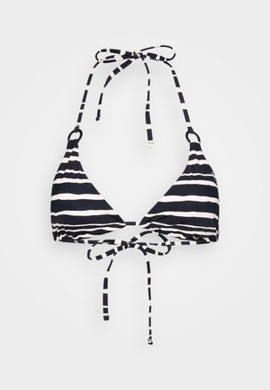 Bikini tops ar trīsstūrveida kausiem ar melnbaltu svītru rakstu, kakla un aizmugures saites, un metāla gredzenu akcentiem. Mīksta auduma tekstūra.