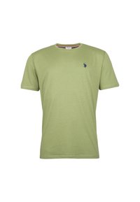 Hellgrünes T-Shirt mit kurzen Ärmeln und rundem Ausschnitt, mit kleinem dunkelblauem, gesticktem Logo auf der linken Brust.