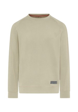 Sweatshirt beige avec un col rond, des manches raglan, des accents de couture subtils et une petite patch logo en bas à droite.