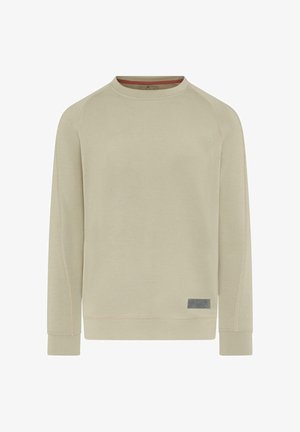 Beige genser med rund hals, raglanermer, diskrete sømdetaljer og et lite logo-patch nederst til høyre.