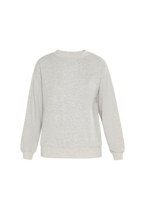 Jasnoszara bluza wykonana z miękkiego materiału, z okrągłym dekoltem, długimi rękawami oraz ściśniętymi mankietami i dołem, zapewniająca wygodne dopasowanie.