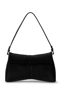 Borsa a tracolla nera in suede con forma arrotondata, texture morbida e parte superiore piatta. Presenta una singola tracolla e una delicata lavorazione delle cuciture.