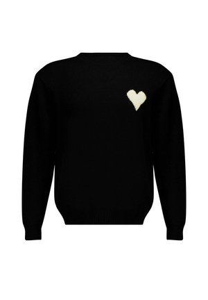 Pull noir à col rond et manches longues, arborant un motif de cœur en peluche de couleur crème sur la poitrine gauche. Texture en tricot douce.