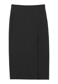 Jupe crayon noire longueur genou avec taille haute et fente verticale sur le côté droit, présentée sur fond blanc uni.