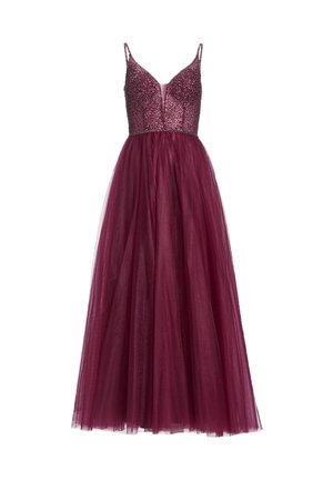 Bordeaux Abendkleid mit einem funkelnden, bestickten Oberteil, dünnen Trägern und einem fließenden Tüllrock, das eine schmeichelhafte A-Linie-Silhouette bietet.