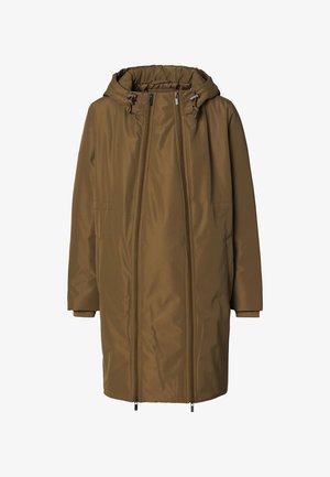 Bruine lange gewatteerde jas met een capuchon, dubbele ritsen aan de voorkant en verstelbare koordjes op de capuchon, ontworpen voor koud weer.