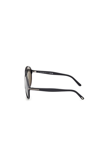 Black sunglasses with a rounded frame, tinted lenses, and slim black temples. Features subtle gold accents near the hinges.