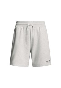 Pantalones cortos de algodón gris con cintura elástica y cordón. Presenta una ubicación sutil del logo y una textura suave y lisa.