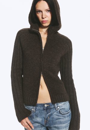 Weekday ZIP HOODE - Cardigan - dark brown melange